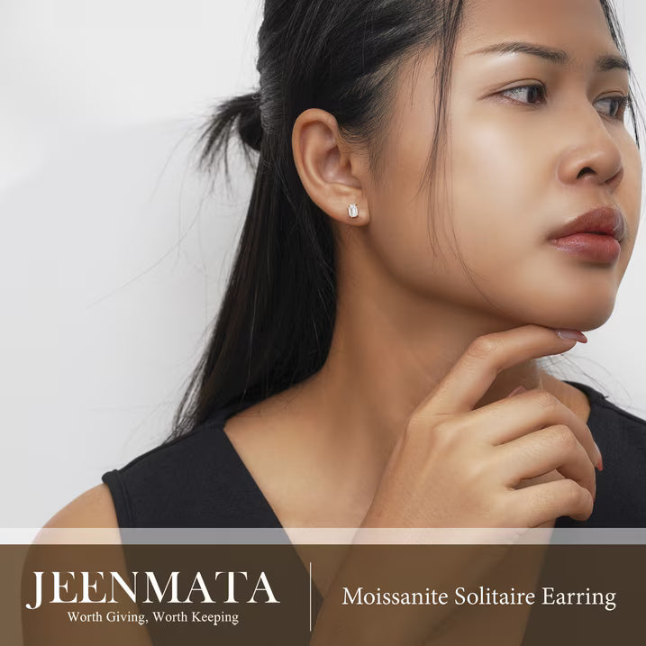 JeenMata 1 Carat Emerald Cut Moissanite - Minimalist Solitaire Stud Earrings in 18k Yellow Gold Plating for Women