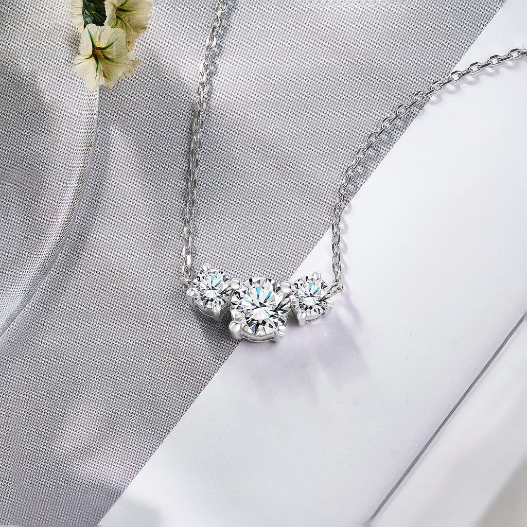 JeenMata 1 Carat Lab Grown Diamond Pendant Necklace - Round Cut Three Stones Pendant in White Gold Plating