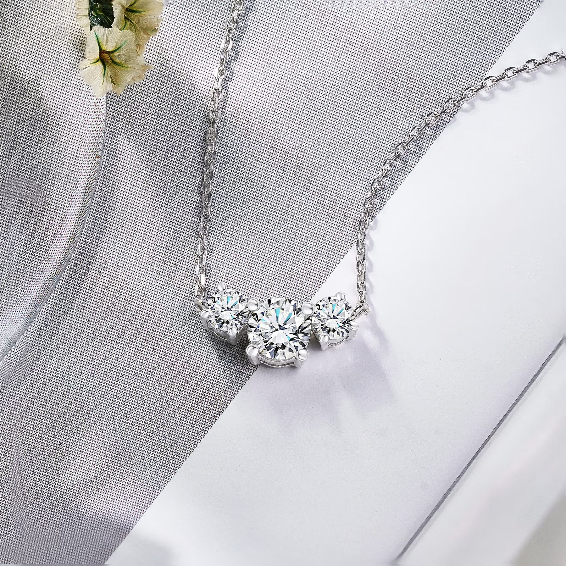 JeenMata 1 Carat Lab Grown Diamond Pendant Necklace - Round Cut Three Stones Pendant in White Gold Plating