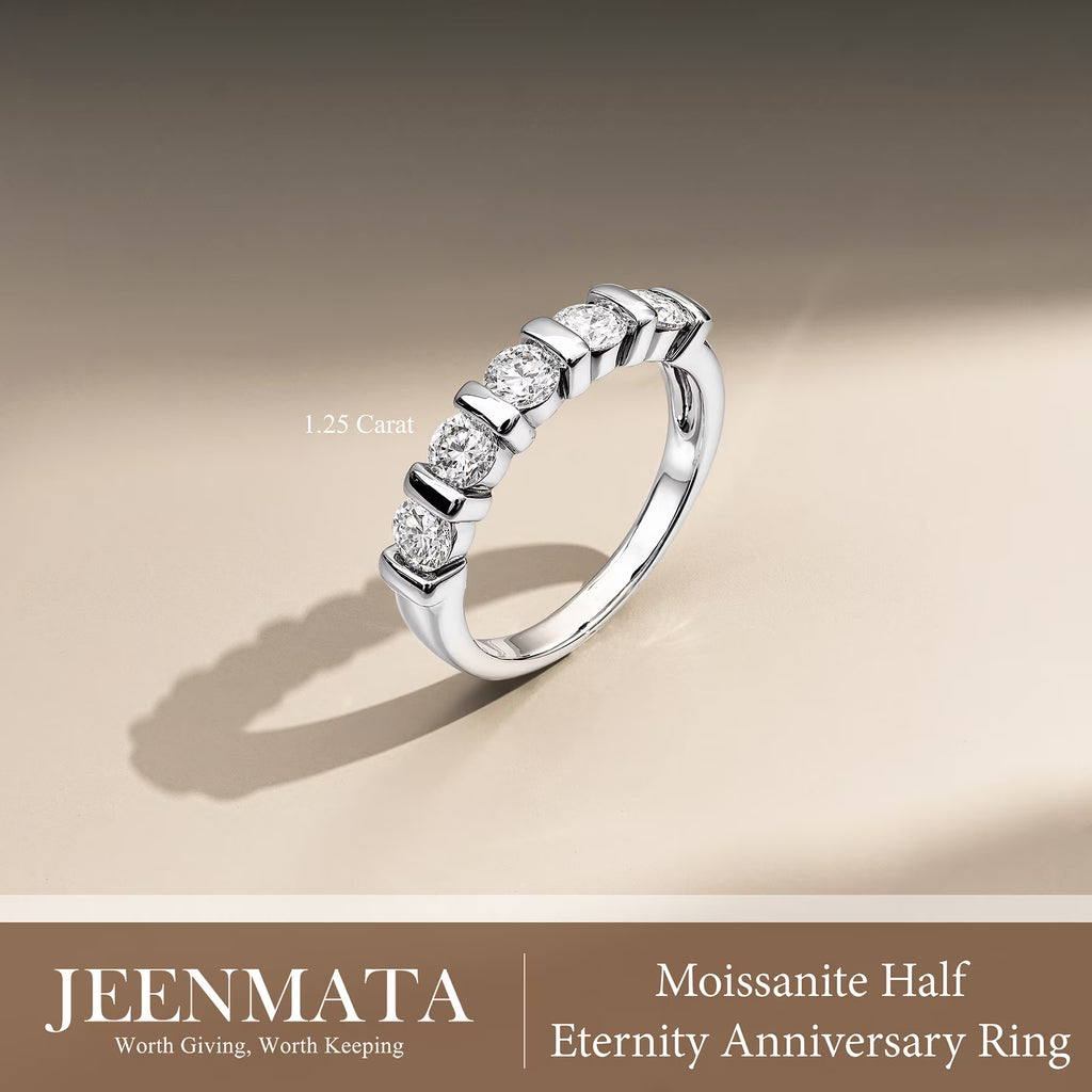JeenMata 1.25 Carat Moissanite Half Eternity Anniversary Ring - Stackable Wedding Band Rings for Women in 18K White Gold Plating, Wedding Gift for Her
