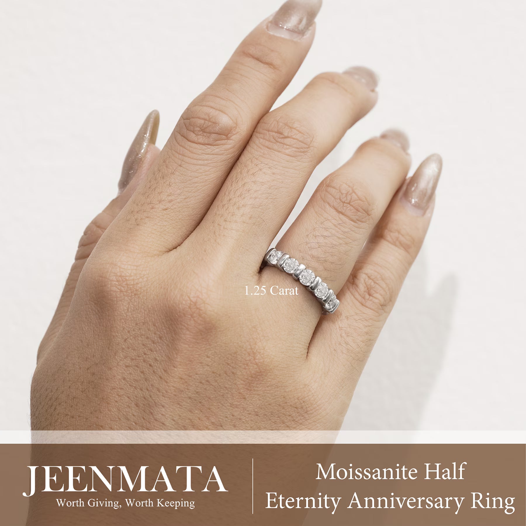 JeenMata 1.25 Carat Moissanite Half Eternity Anniversary Ring - Stackable Wedding Band Rings for Women in 18K White Gold Plating, Wedding Gift for Her