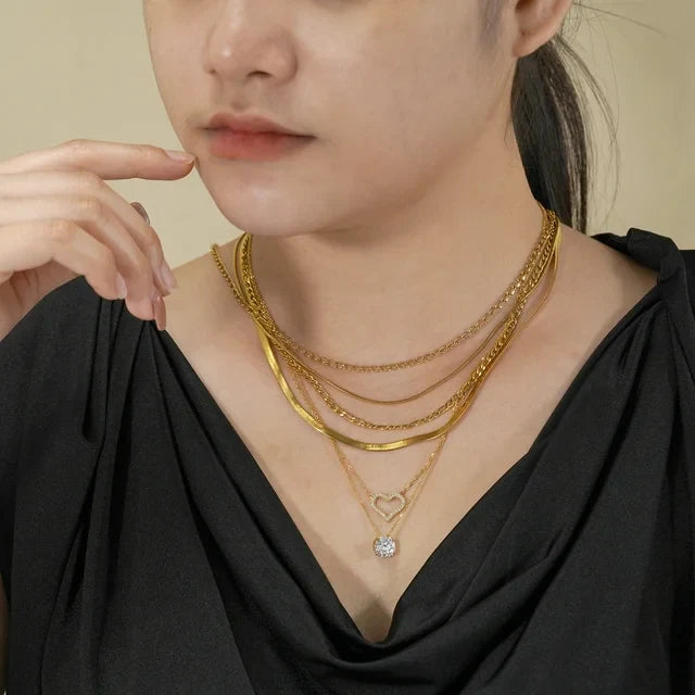 JEENMATA Multipack 6 pc Women Layered Necklace Pendant, Yellow Gold Plating, Gold Chain, Choker Necklace, Herringbone Layered Necklace Jewelry Gift