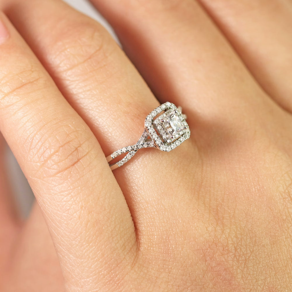 JeenMata Elegant Square Cut Lab Grown Diamond - Twisted Band - Pave - Double Halo Engagement Ring - 10K White Gold