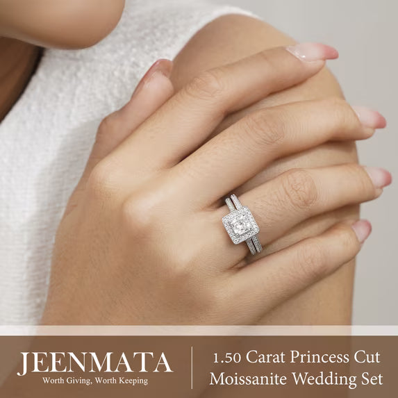 JeenMata 1.5 Carat Princess Cut Moissanite Wedding Set - Bridal Set - Milgrain Ring - Vintage Ring - Halo Ring - 18K White Gold Plating for Women