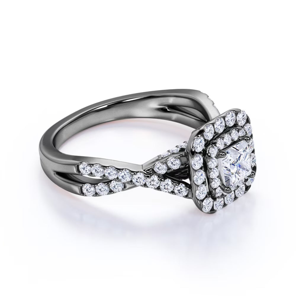 JeenMata Elegant Square Cut Lab Grown Diamond - Twisted Band - Pave - Double Halo Gothic Engagement Ring - 10K Black Gold