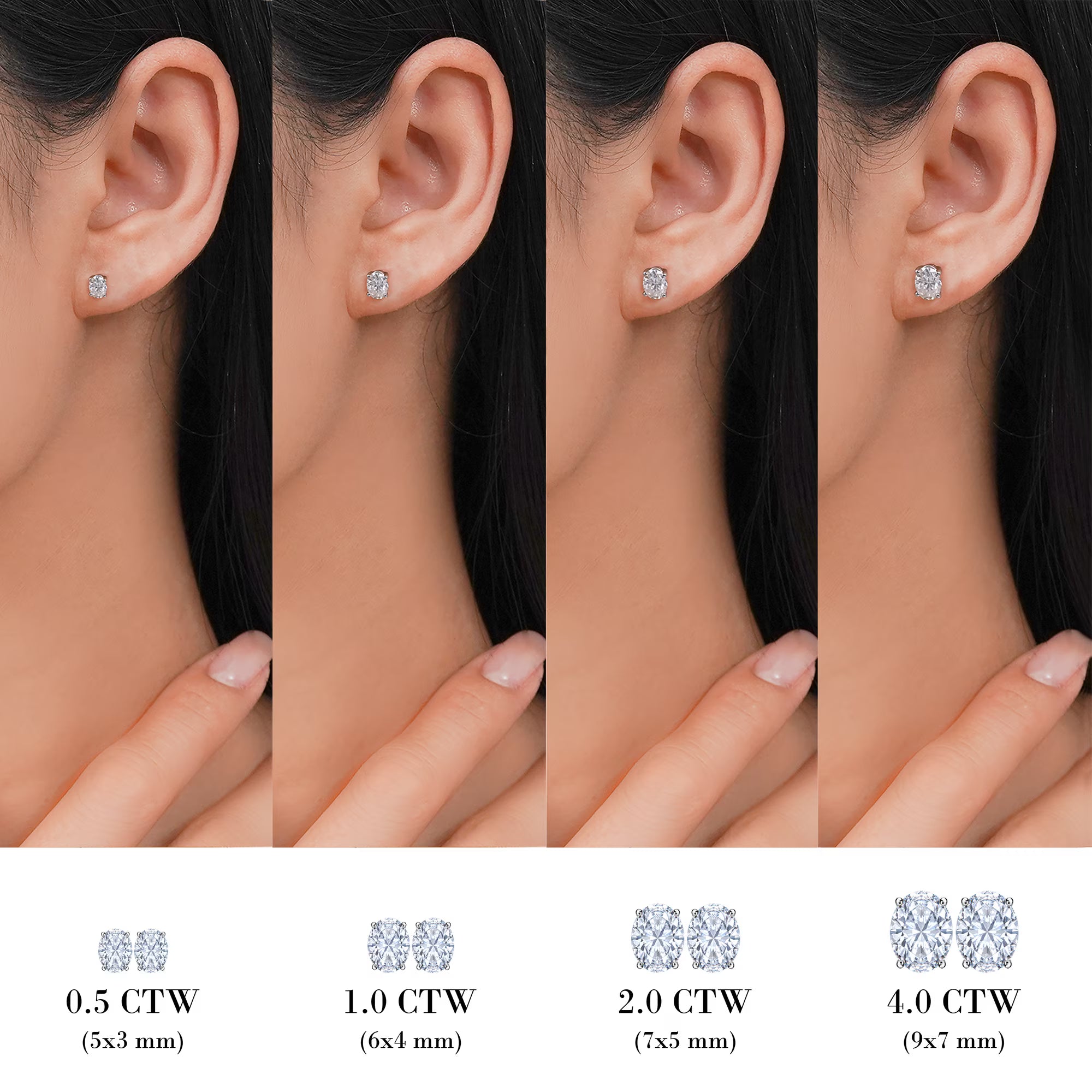 JeenMata 4 Prong 4 Carat Oval Cut Moissanite Solitaire Stud Earrings in 18k White Gold Plating for Women