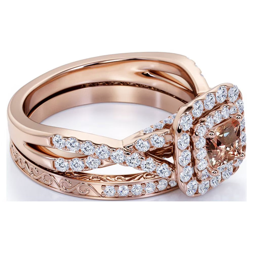 JeenMata 1.25 CT - Princess Cut - Champagne created morganite - Double Halo - Twisted Band - Vintage Inspired - Wedding Ring Set in 18K Rose Gold Plating for Women