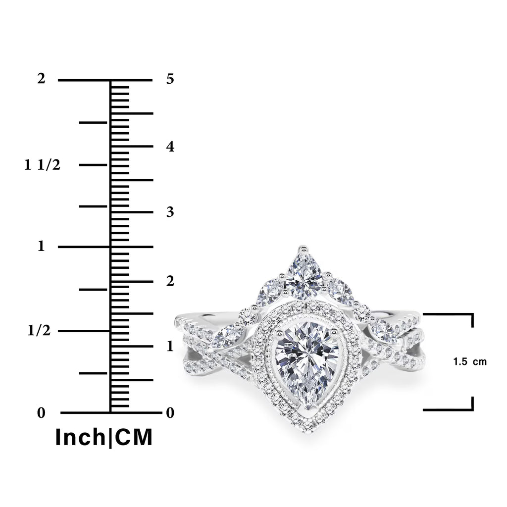 JeenMata 1.75 Carat Pear Cut Moissanite Bohemian Wedding Set - Infinity Engagement Ring with Art Deco Wedding Band in 10k White Gold