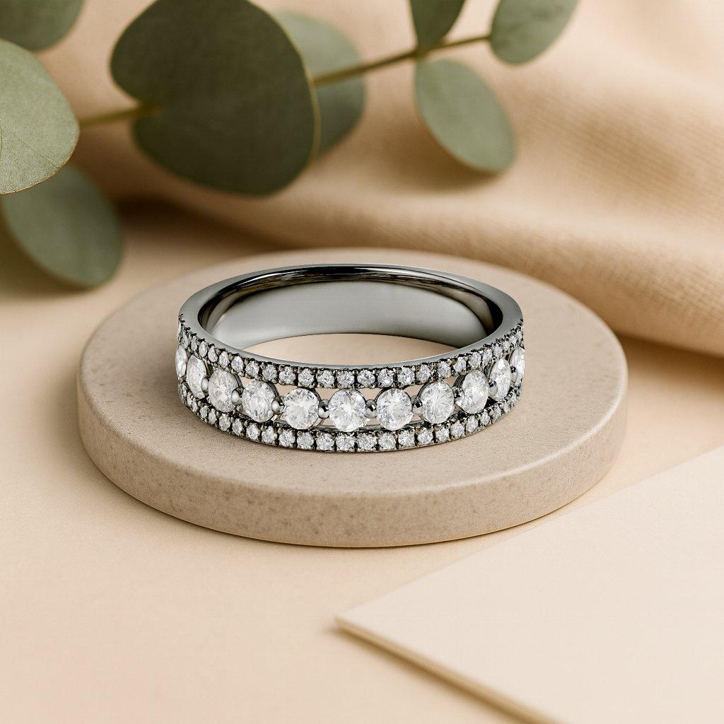 JeenMata Double Pave - 0.75 Carat Round Brilliant Cut Moissanite - Eternity Anniversary Ring - Black Plating for Women