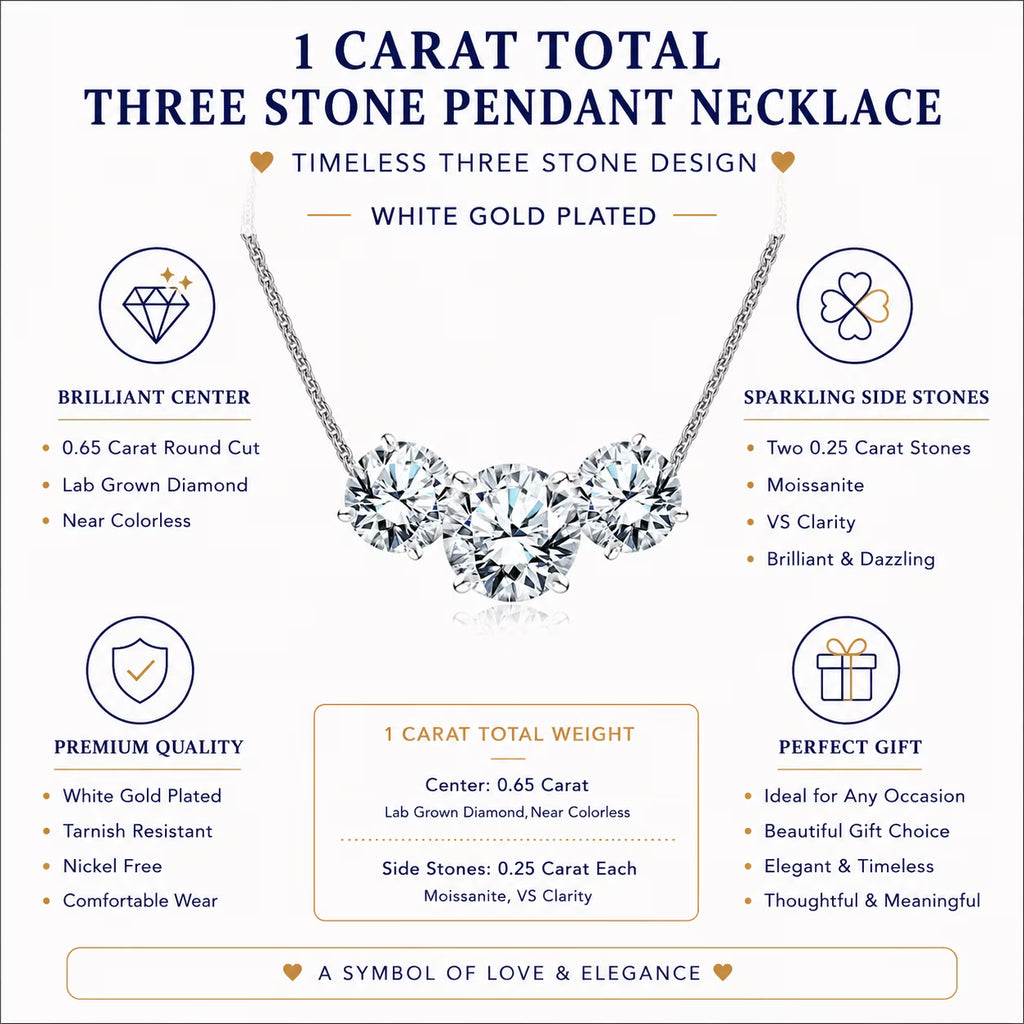 JeenMata 1 Carat Lab Grown Diamond Pendant Necklace - Round Cut Three Stones Pendant in White Gold Plating
