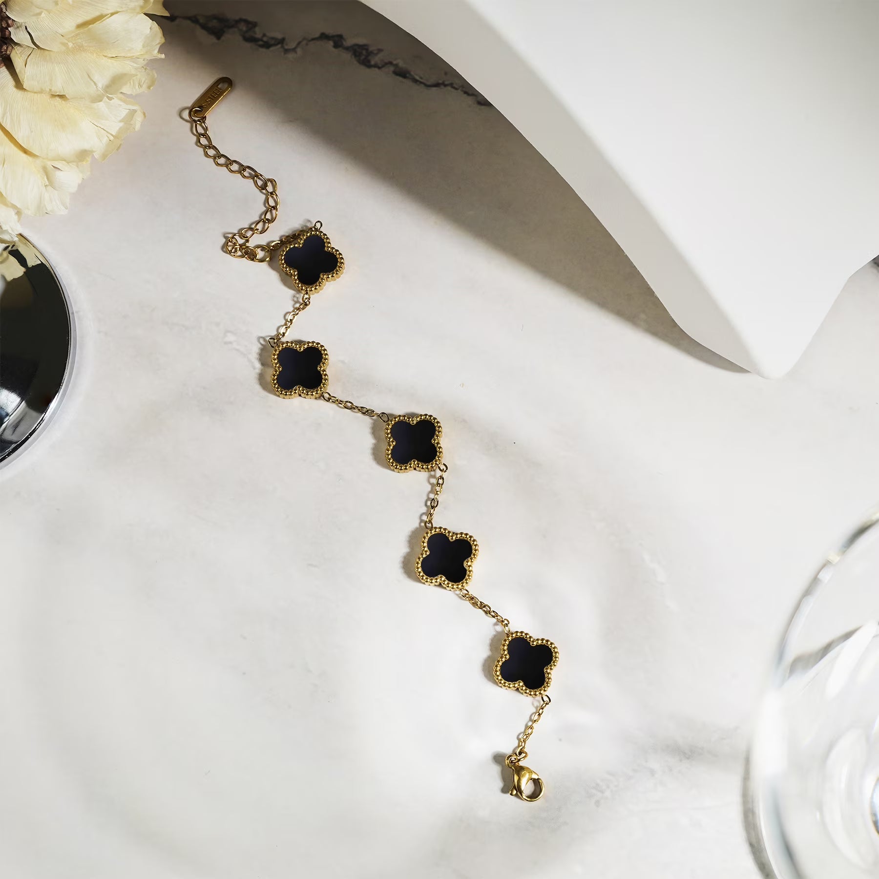 JeenMata Black Flower Link Bracelet in Yellow Gold Plated