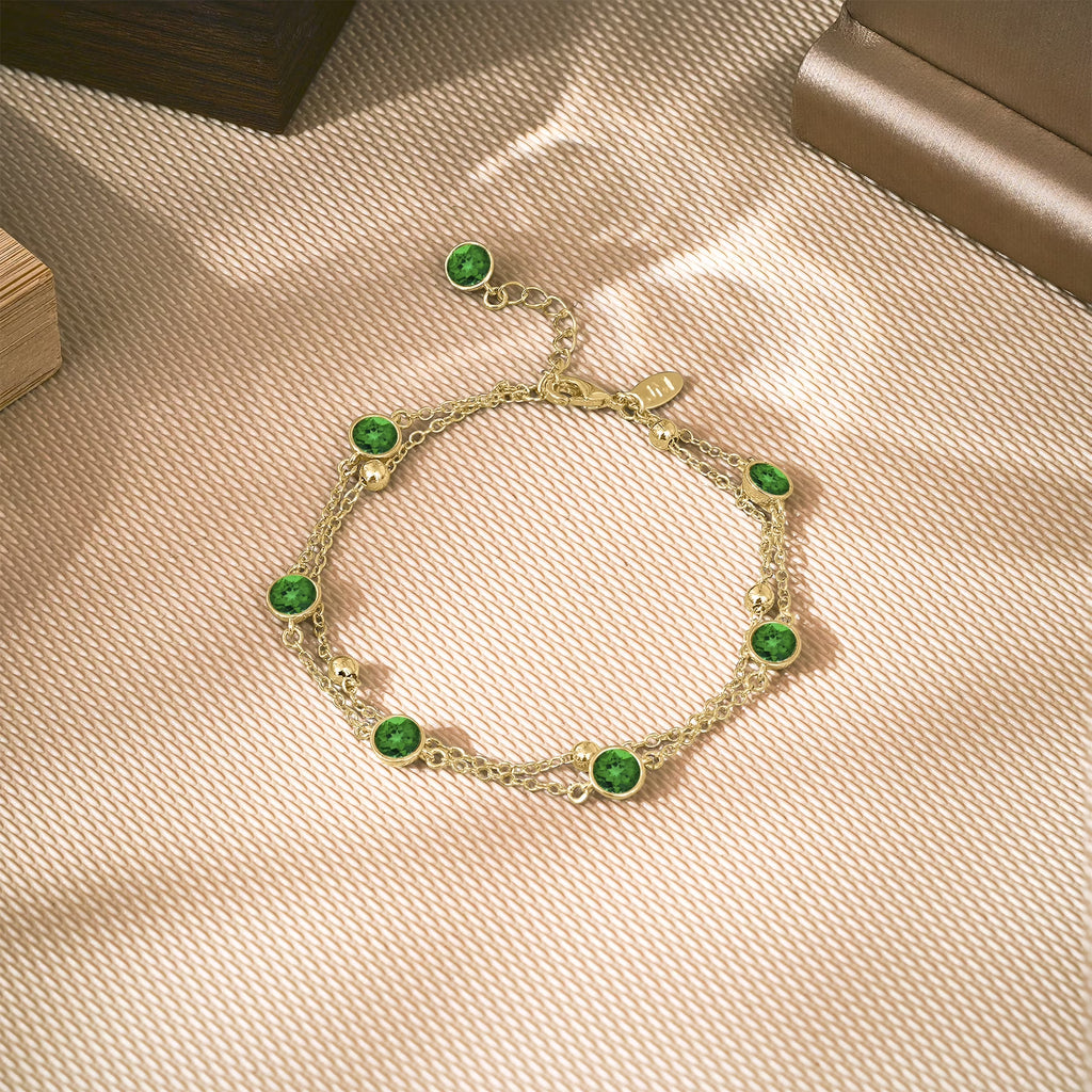 JeenMata 3.5 Carat May Emerald Birthstone Double Layer Bracelet - in Yellow Gold Plating for Women