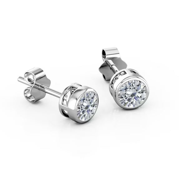 JeenMata Bezel Set 1 Carat Round Shaped Moissanite Solitaire Stud Earrings In 18K White Gold Plating Over Silver