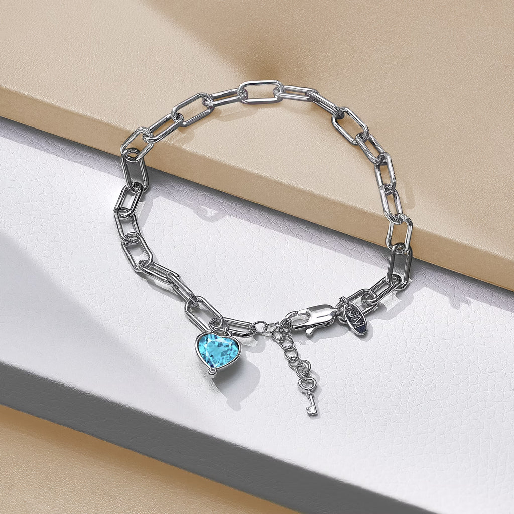 JeenMata 3 Carat March Heart & Key Charm Birthstone Bracelet - 18K White Gold Plating for Women