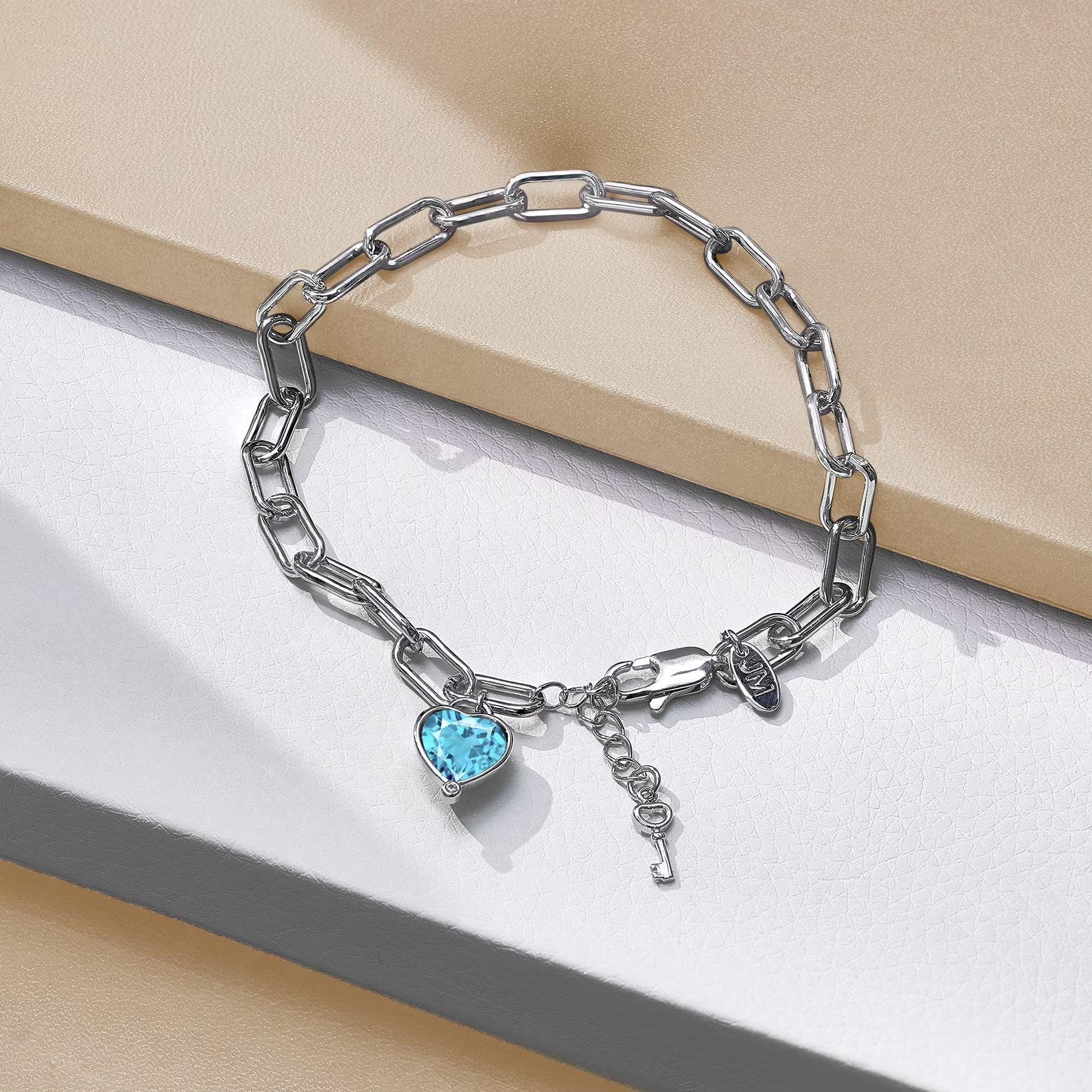 JeenMata 3 Carat March Heart & Key Charm Birthstone Bracelet - 18K White Gold Plating for Women