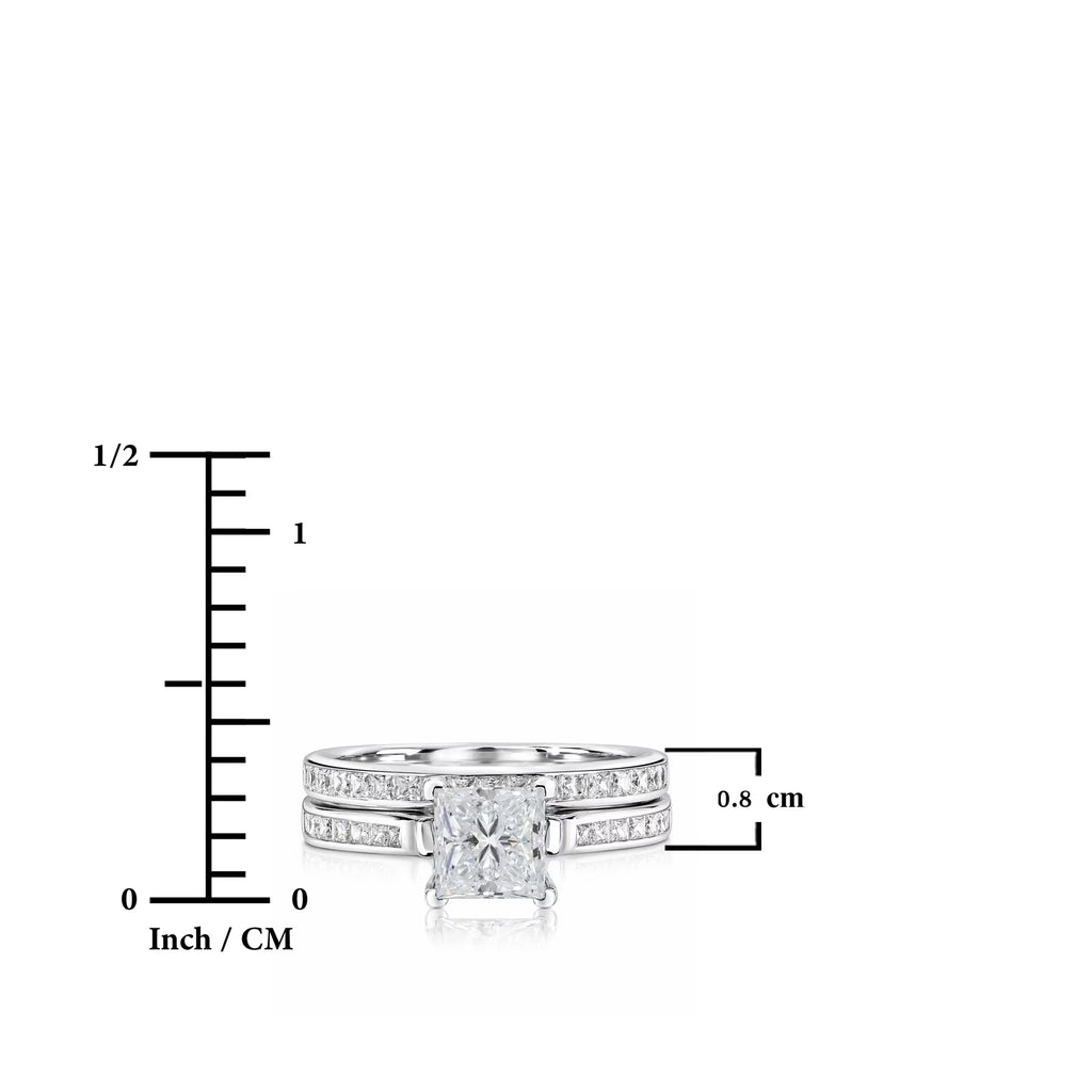 JeenMata 1 Carat Princess Cut Moissanite Wedding Set - Bridal Set - Engagement Ring - Channel Set Ring - Cluster Ring - 18k White Gold Plated for Women
