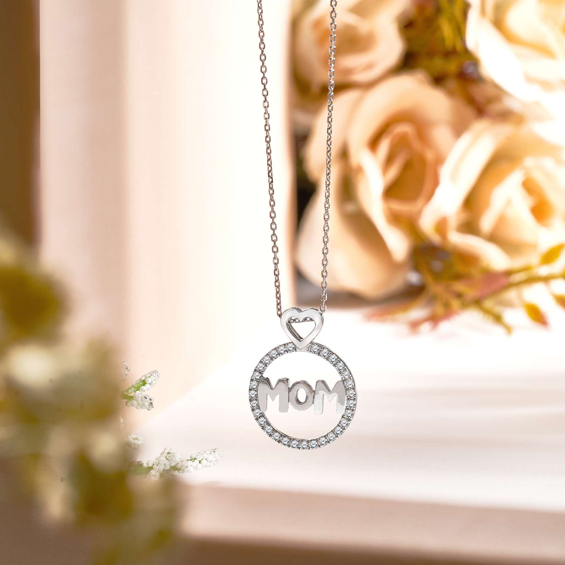 JeenMata Round Frame Mom Moissanite Pendant Necklace in 18K White Gold over Silver