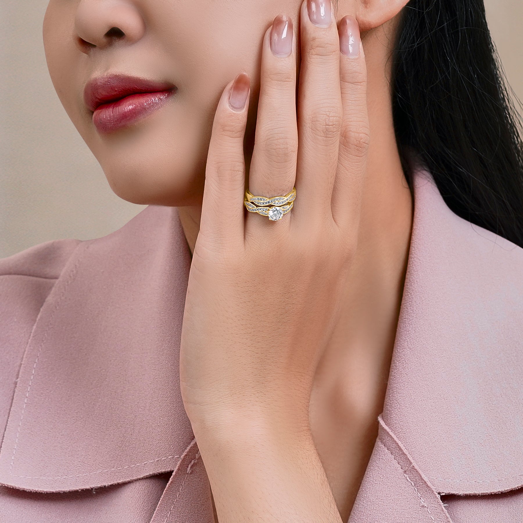 JeenMata 1.25 Carat Round Cut Moissanite Wedding Set - Bridal Set - Infinity Ring - Forever Ring - Promise Ring - 18k Yellow Gold Plated for Women
