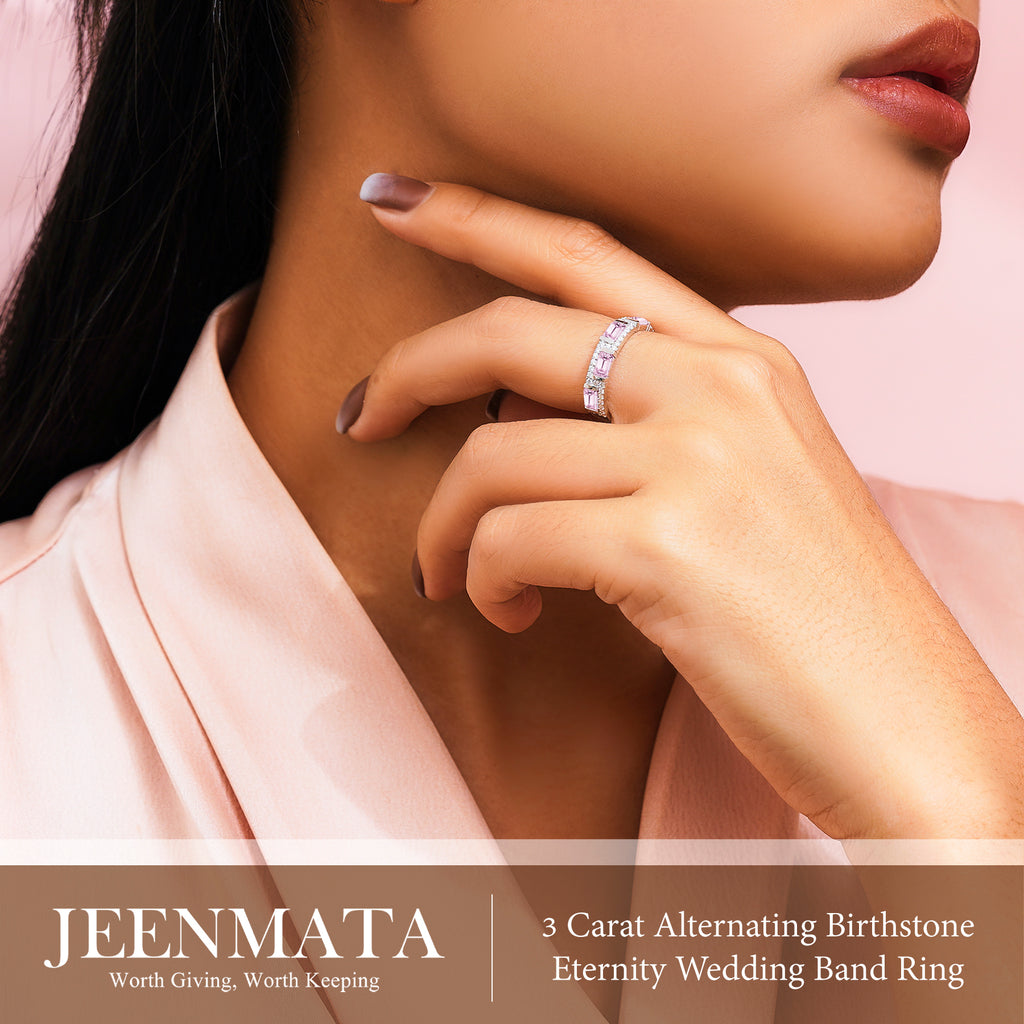 JeenMata 3 Carat Emerald & Round Cut October Pink Tourmaline Cubic Zirconia - Alternating Birthstone Eternity Wedding Band Ring in 18K White Gold Plating for Women