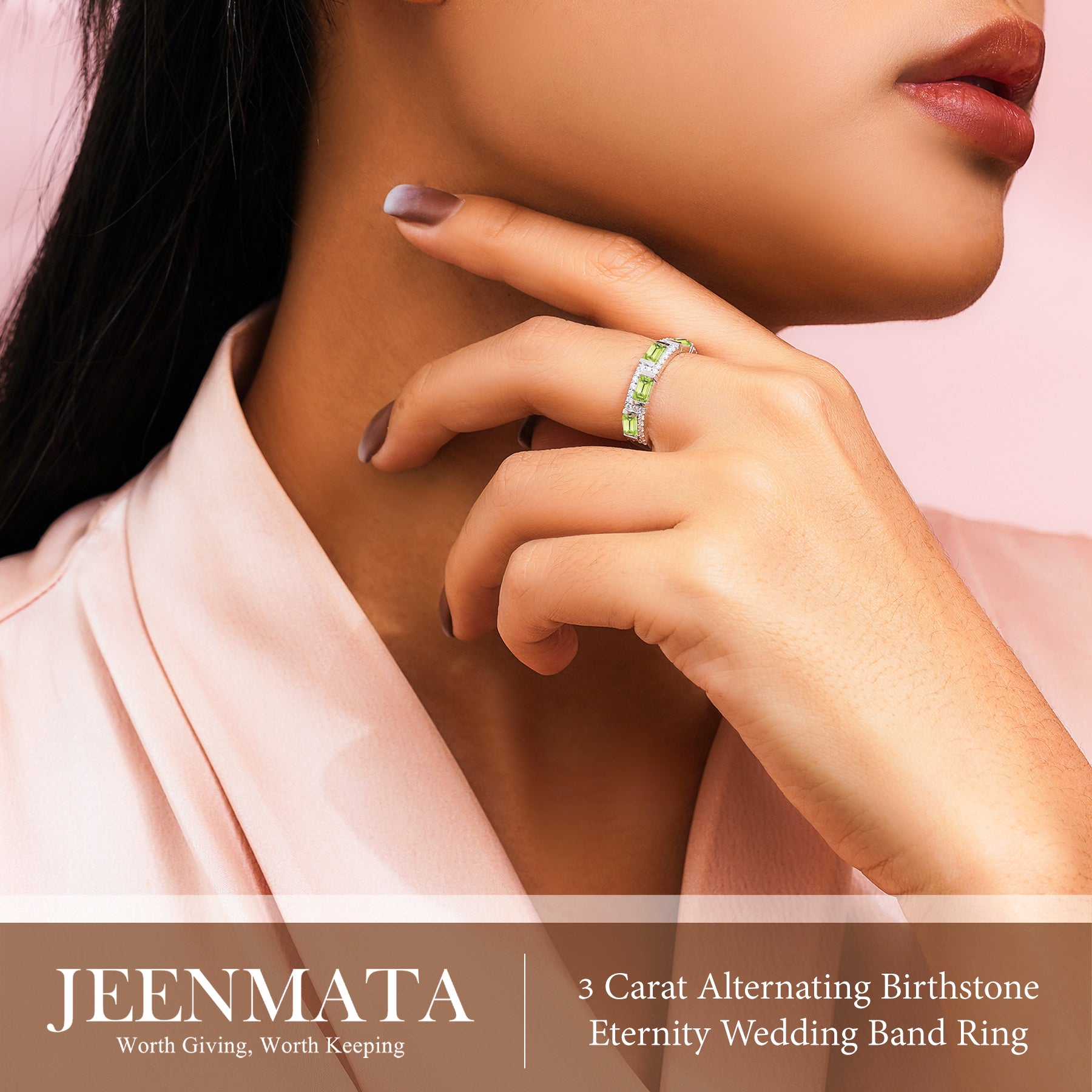 JeenMata 3 Carat Emerald & Round Cut August Peridot Cubic Zirconia - Alternating Birthstone Eternity Wedding Band Ring in 18K White Gold Plating for Women