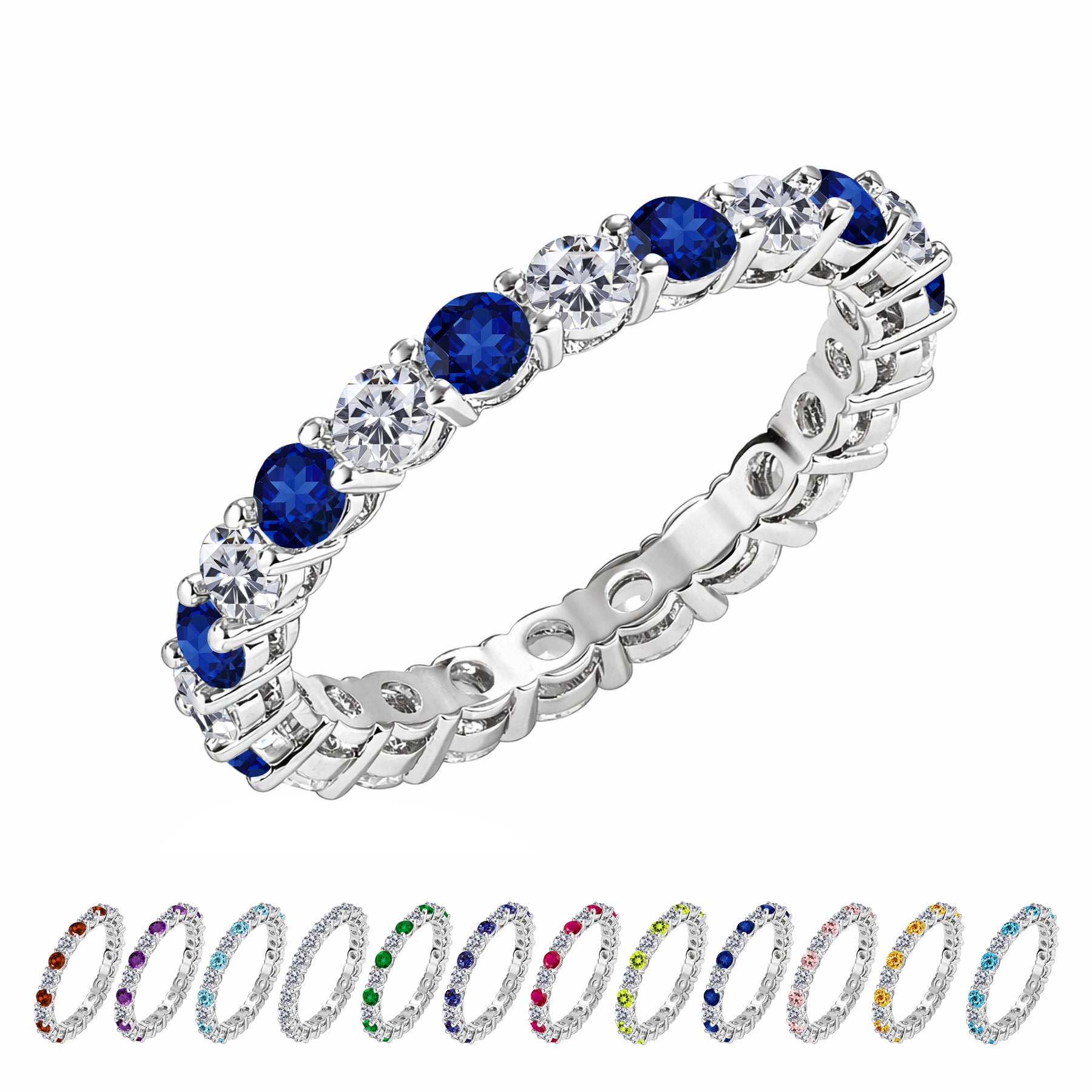 JeenMata 3.5 Carat Round Cut September Birthstone - Multicolor Eternity Wedding Band - Royal Blue Sapphire & Cubic Zirconia Rings in 18K White Gold Plating for Women