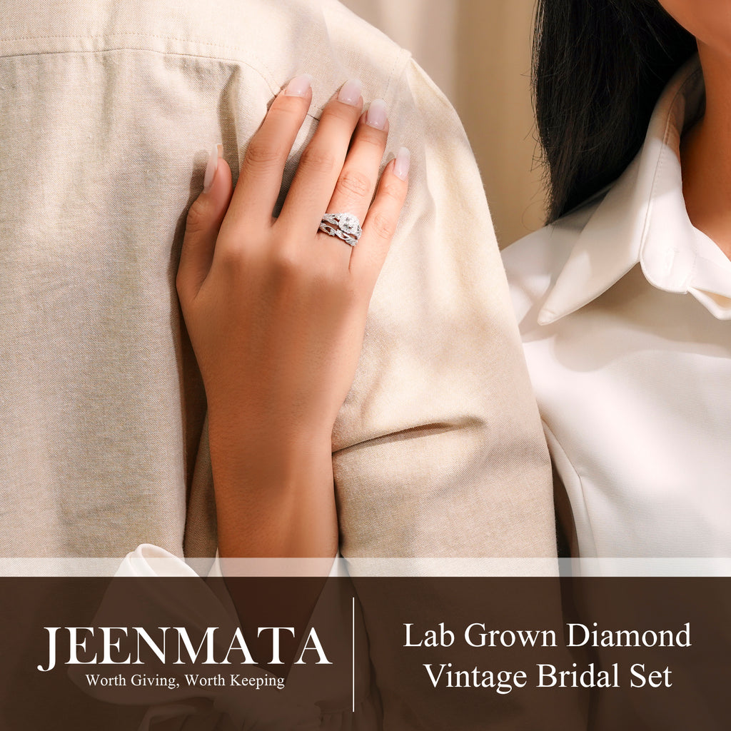 JeenMata Round Cut Lab Grown Diamond - Art Deco Style - Wedding Ring Set in 18K White Gold Plating for Women