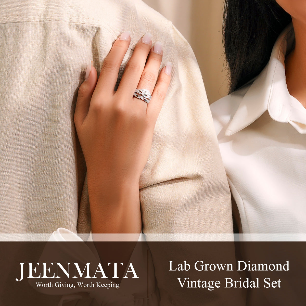 JeenMata Round Cut Lab Grown Diamond - Art Deco Style - Wedding Ring Set in 18K White Gold Plating for Women