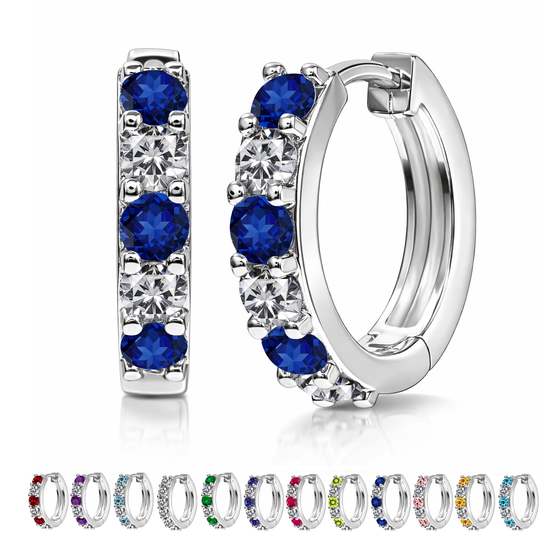 JeenMata 2 Carat September Birthstone - Royal Blue Sapphire & Cubic Zirconia Hoop Earrings - Multicolor Birthstone Earrings in 18K White Gold Plating for Women