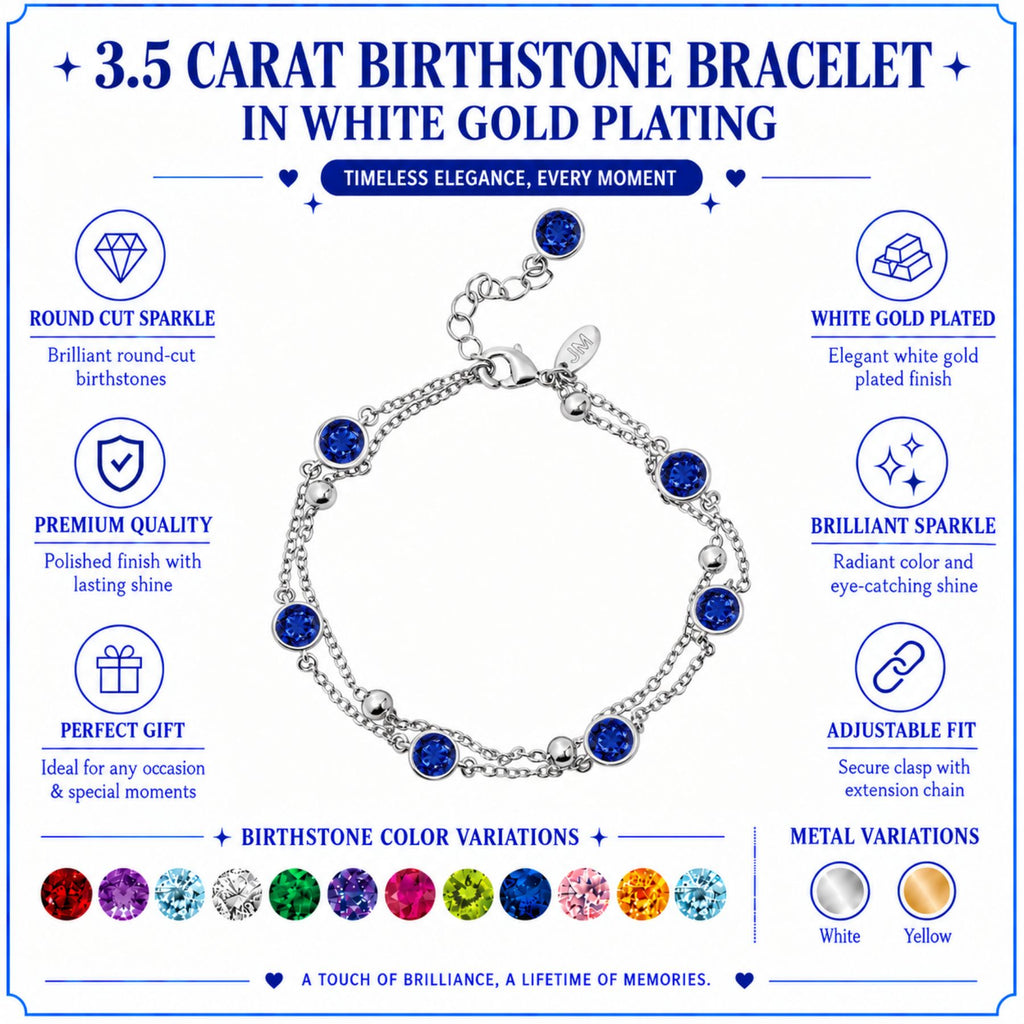 JeenMata 3.5 Carat September Royal Blue Sapphire Birthstone Double Layer Bracelet - in White Gold Plating for Women