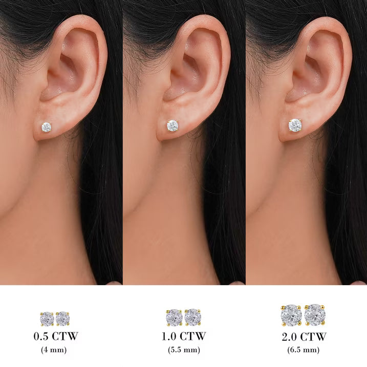 JeenMata 4 Prong 2 Carat Round Shaped Moissanite Solitaire Stud Earrings in 18k Yellow Gold Plating for Women
