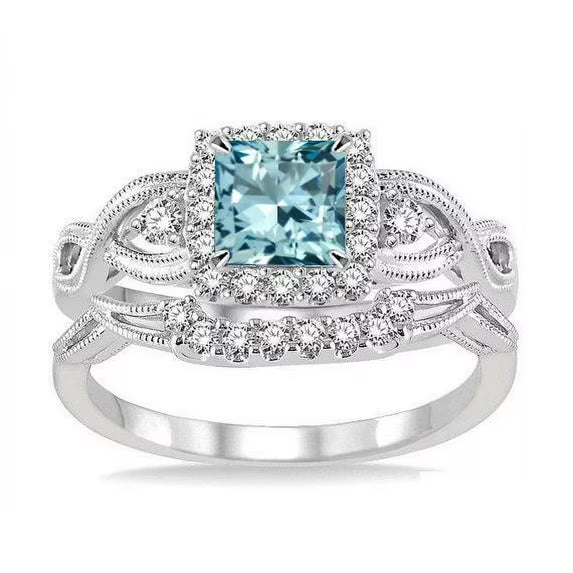 JeenMata Filigree 1.75 Carat Princess Cut Created Aquamarine and Moissanite Wedding Ring Set in 18k White Gold Plating for Women