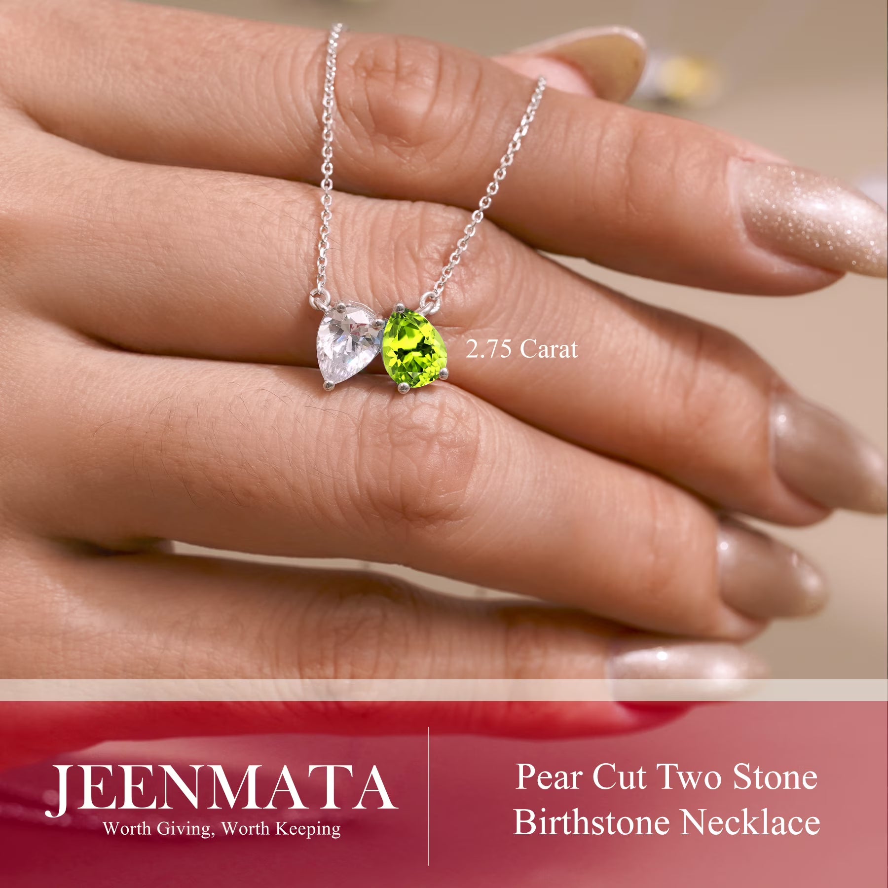 JeenMata 2.75 Carat August Birthstone Necklace - Pear Cut Two Stone Peridot & Cubic Zirconia Necklaces in 18K White Gold Plating Gift for Women, Mother, Her