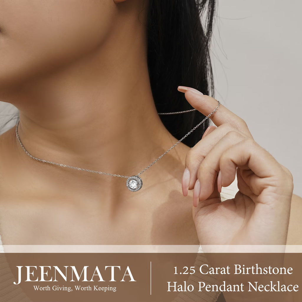 JeenMata Solitaire 1 Carat Round Cut - Moissanite - April Birthstone Halo Pendant Necklace 18k White Gold over Silver, Adult, Female