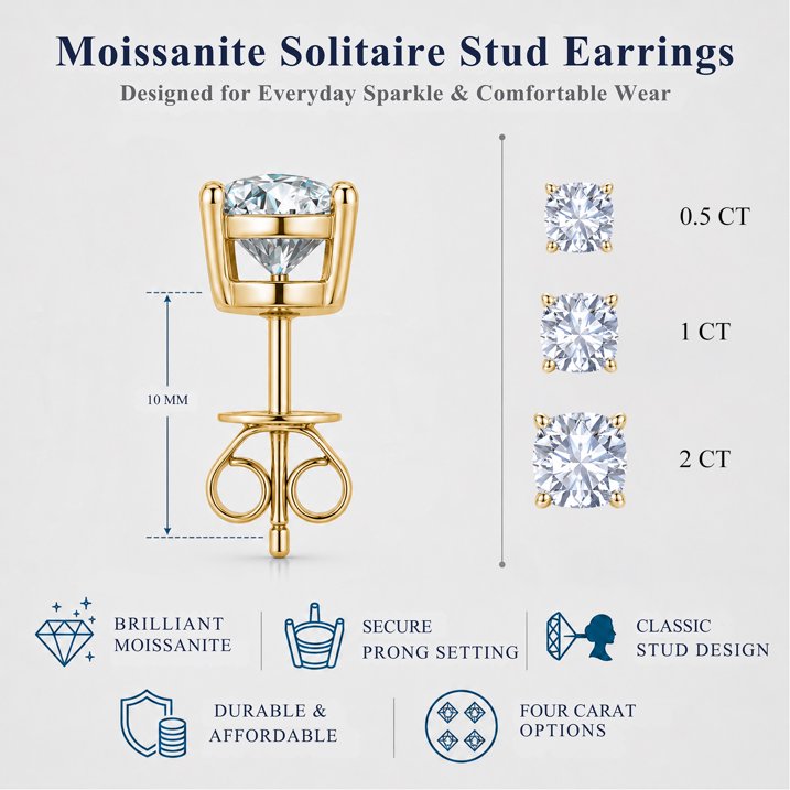JeenMata 2 Carat Cushion Solitaire Moissanite Stud Earrings for Women, Earrings for Men, 18K Yellow Gold Plated, Hypoallergenic Earrings, D VS1, Stud Earring for Woman, Jewelry, Gift, Earrings