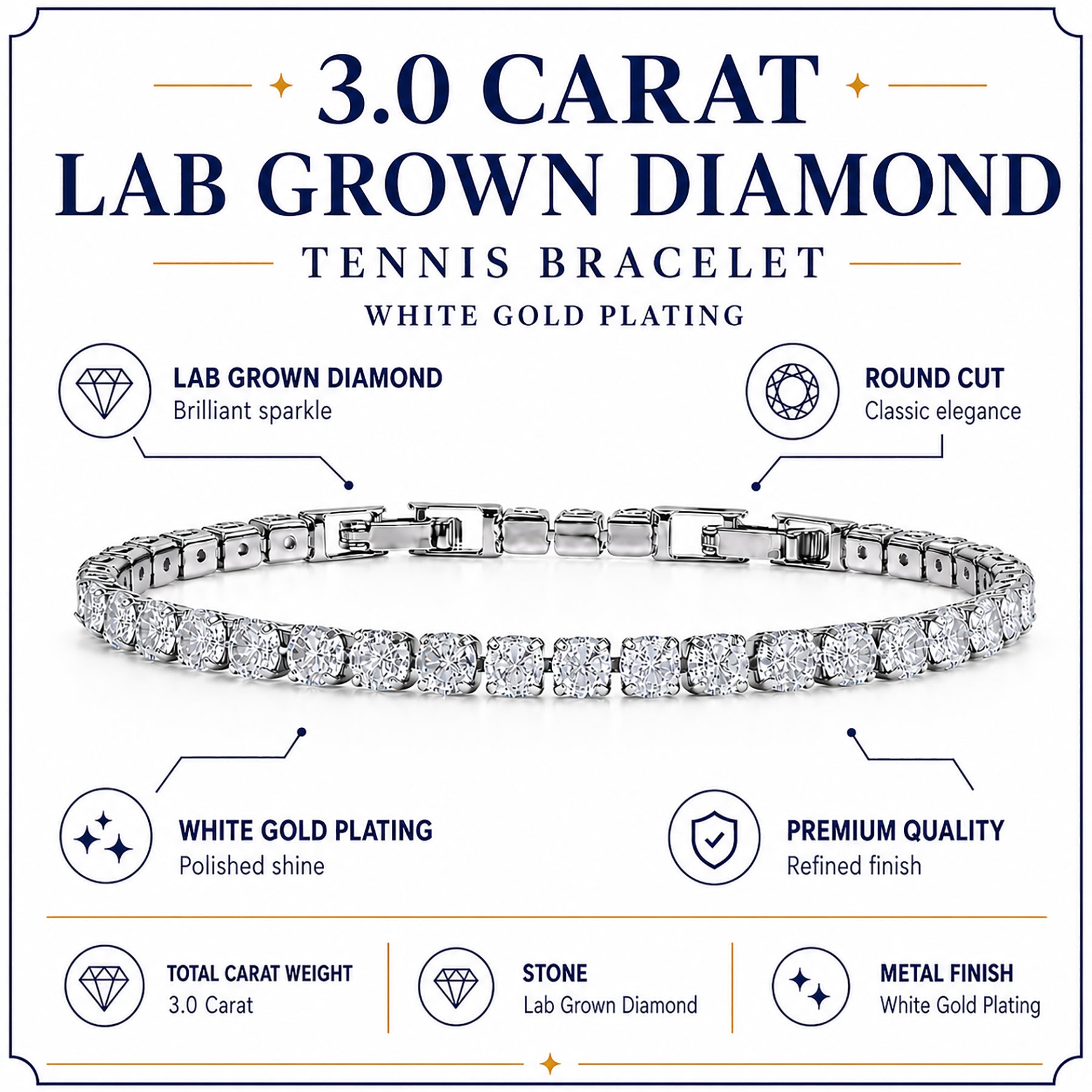 JeenMata 3 Carat Lab Grown Diamond Tennis Bracelets - 18K White Gold Plating for Women Eternity Design Bracelet