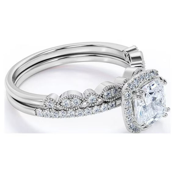 JeenMata 1.5 Carat cushion cut Moissanite and Diamond Halo Vintage Bridal Wedding Ring Set in 10k White Gold