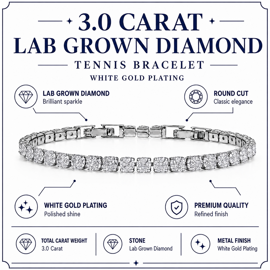 JeenMata 3 Carat Lab Grown Diamond Tennis Bracelets - 18K White Gold Plating for Women Eternity Design Bracelet