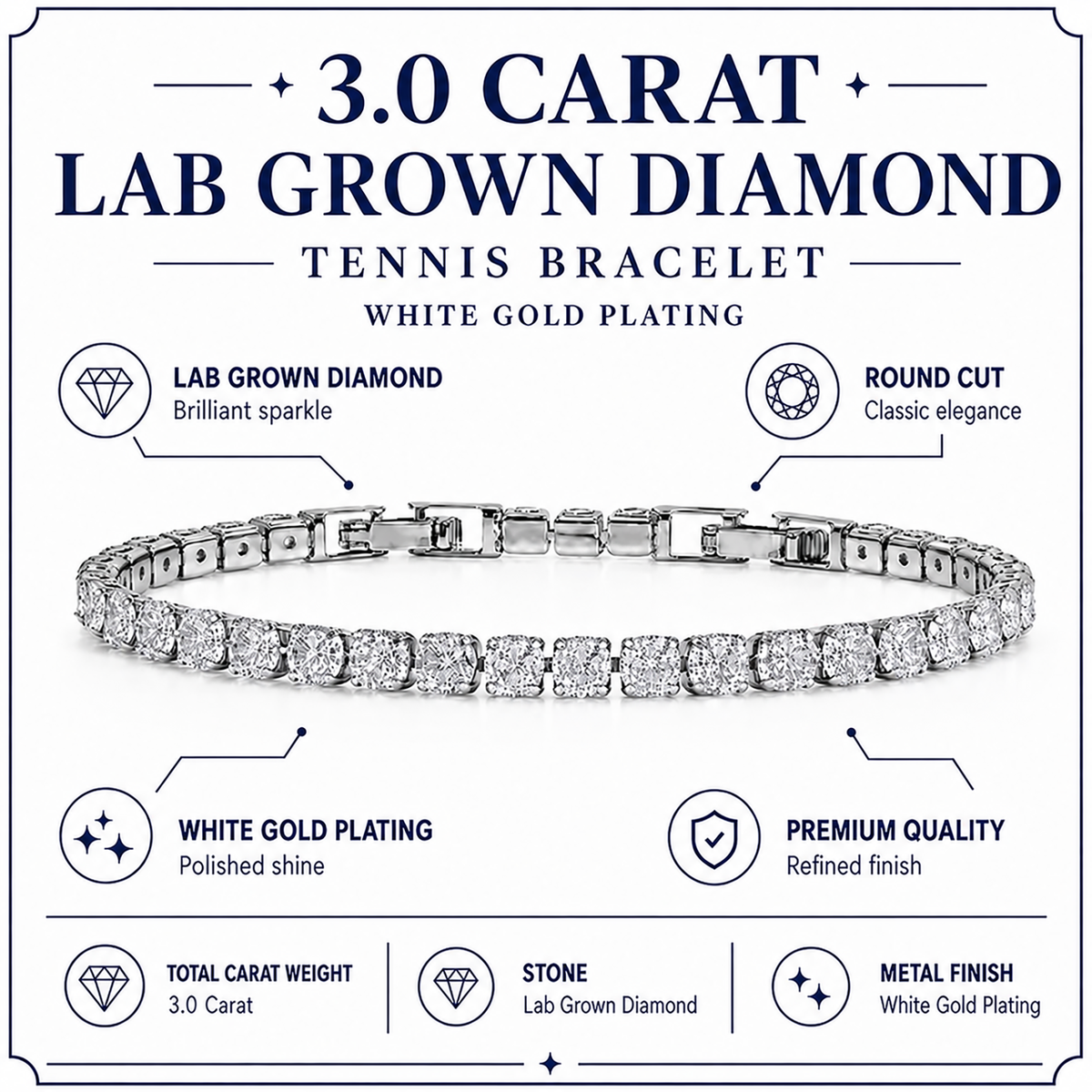 JeenMata 3 Carat Lab Grown Diamond Tennis Bracelets - 18K White Gold Plating for Women Eternity Design Bracelet