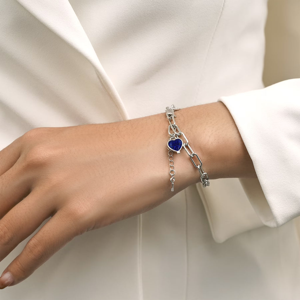 JeenMata 3 Carat September Heart & Key Charm Birthstone Bracelet - 18K White Gold Plating for Women