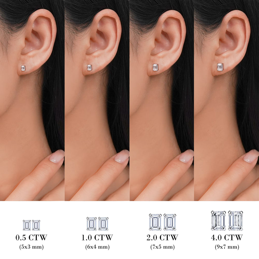 JeenMata Minimalist 2 Carat Emerald Cut Moissanite Solitaire Stud Earrings in 18k White Gold Plating for Women
