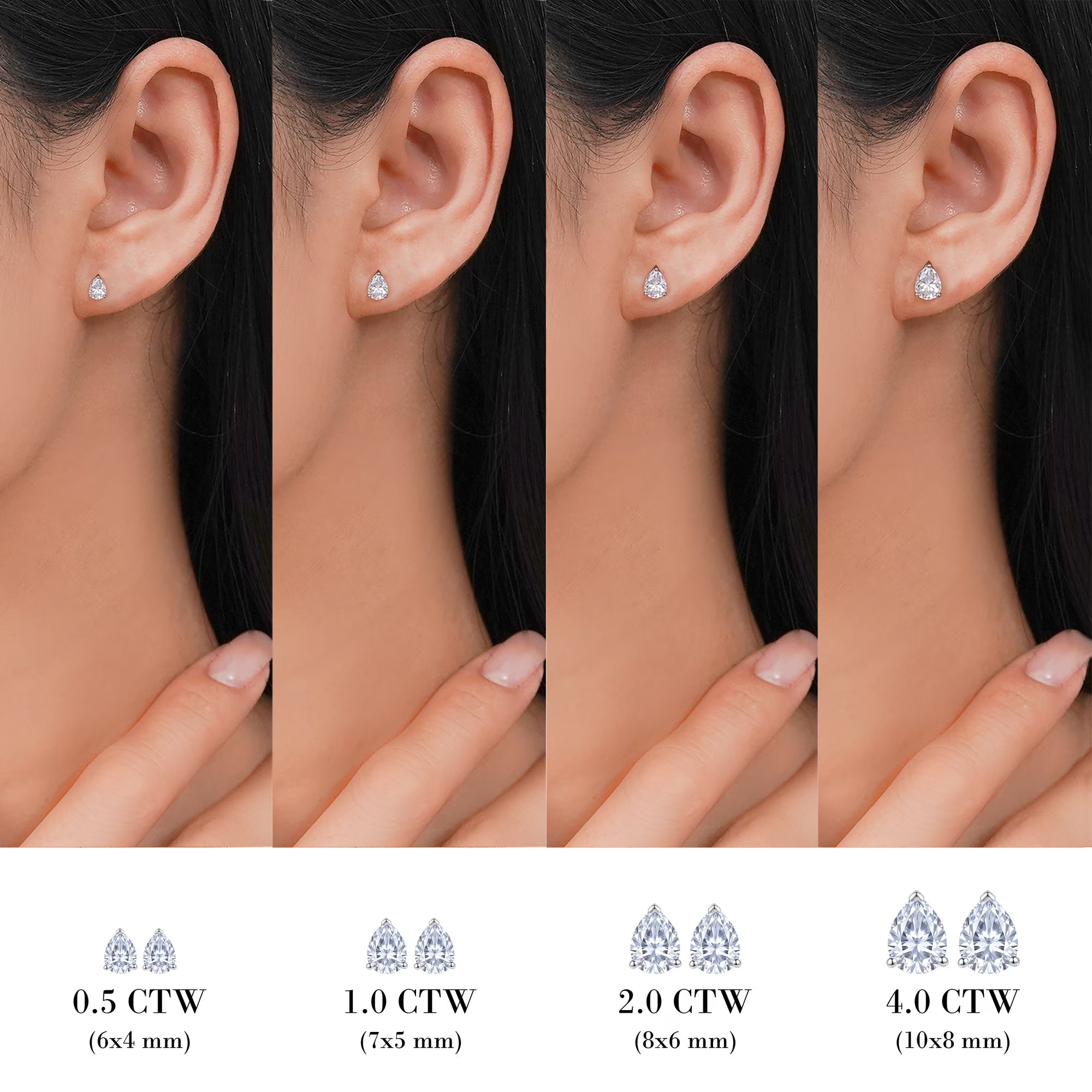 JeenMata 4 Carat Pear Cut Moissanite Minimalist Solitaire Stud Earrings in 18k White Gold Plating for Women