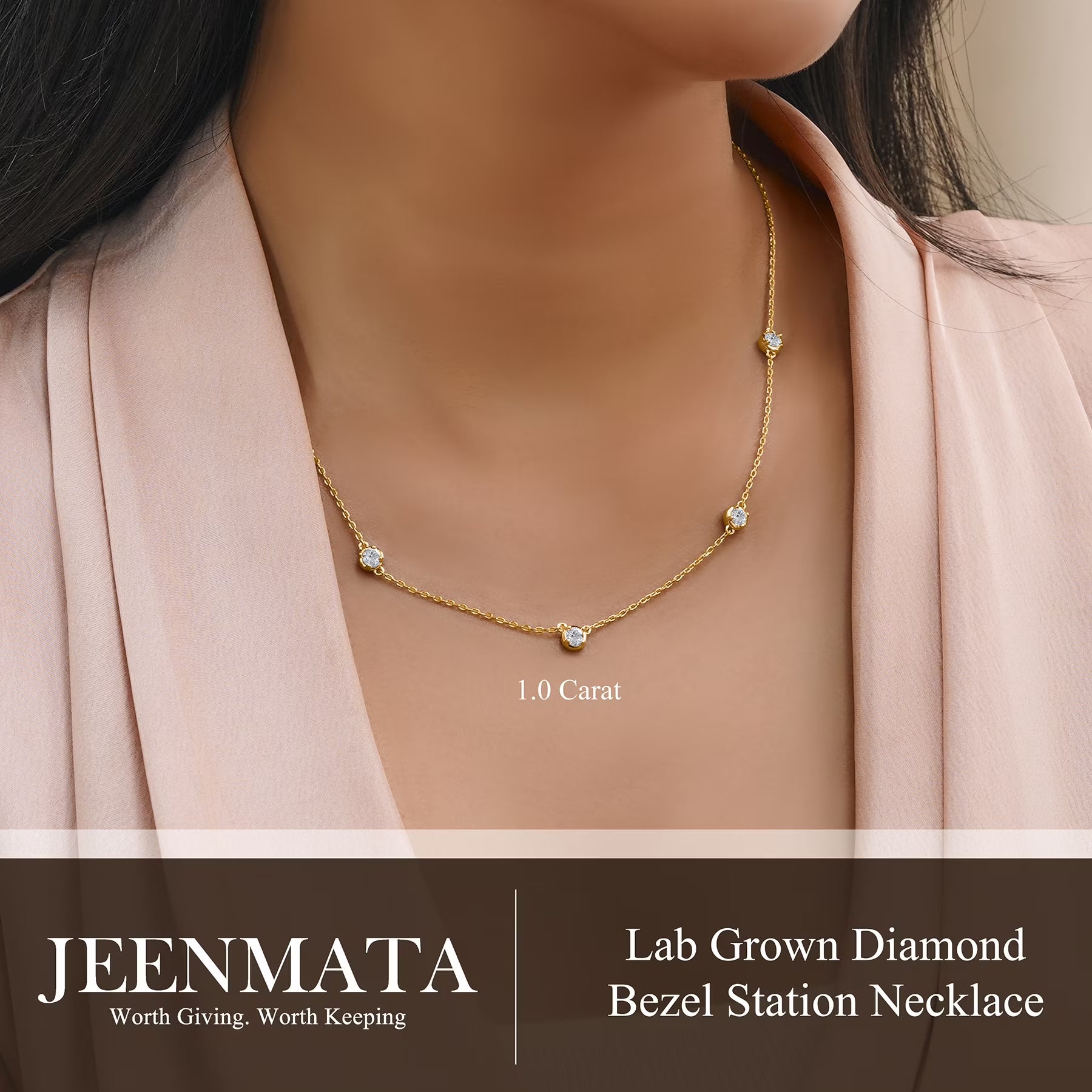 JeenMata 1 Carat Lab Grown Diamond Five Stone Bezel Station Necklaces - in 18K Yellow Gold Plating Necklace for Women, Female, Adult