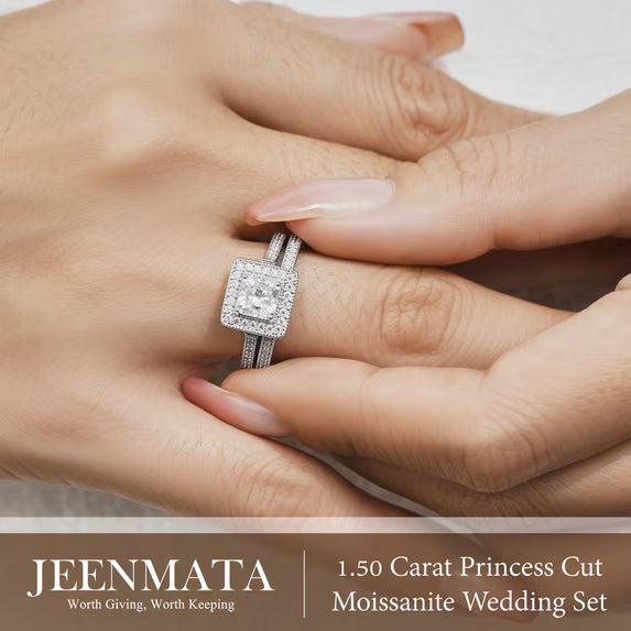 JeenMata 1.5 Carat Princess Cut Moissanite Wedding Set - Bridal Set - Milgrain Ring - Vintage Ring - Halo Ring - 18K White Gold Plating for Women