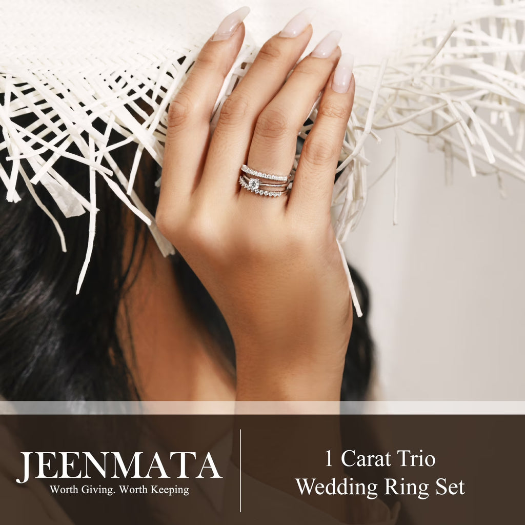 JeenMata 1 Carat Lab Grown Diamond Round Cut Trio Wedding Set - Solitaire Engagement Rings Set with Double Band in 18K White Gold Plating for Women's Ring Jewelry