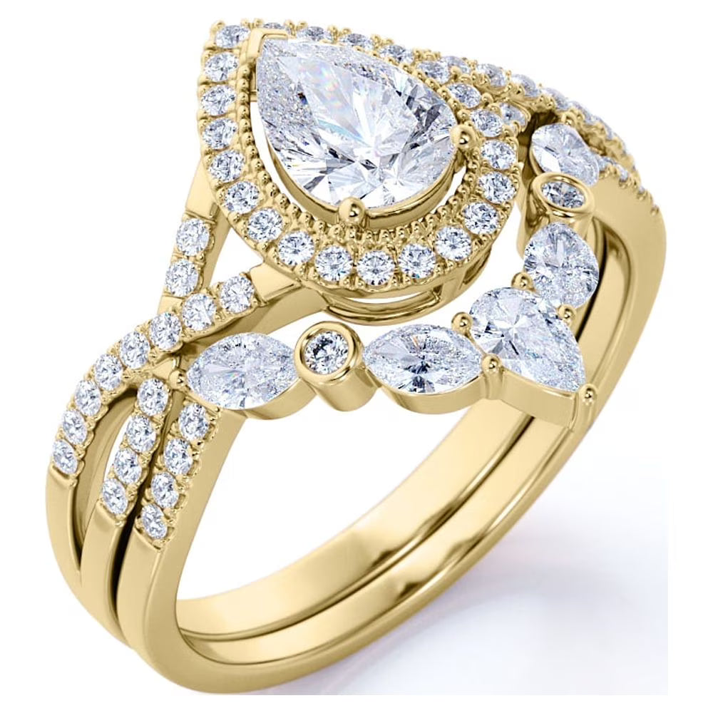 JeenMata 1.75 Carat Pear Cut Moissanite Bohemian Wedding Set - Infinity Engagement Ring with Art Deco Wedding Band in 10k Yellow Gold