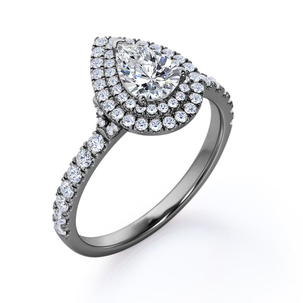 JeenMata Pave Style 1 Carat Pear-Shaped Moissanite Double Halo Cluster Engagement Ring in Black Plating for Women