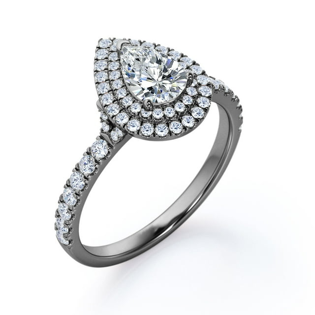 JeenMata Pave Style 1 Carat Pear-Shaped Moissanite Double Halo Cluster Engagement Ring in 18K Black Gold Plating for Women