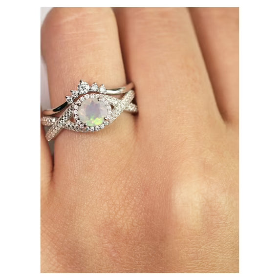 JeenMata 1 Carat Vintage Round Cut Blue Lab Created Opal and Moissanite Wedding Ring Set in 18K White Gold Plating for Women