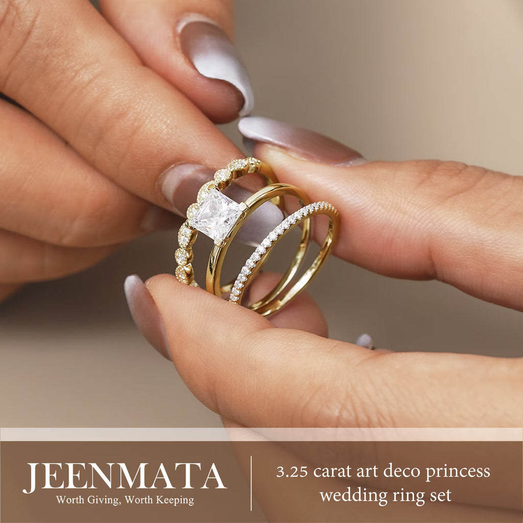 JeenMata 3.25 Carat Princess Wedding Ring Set - Bridal Set - Wedding Trio Set - Engagement Ring - Art Deco Ring - Promise Ring - Sterling Silver