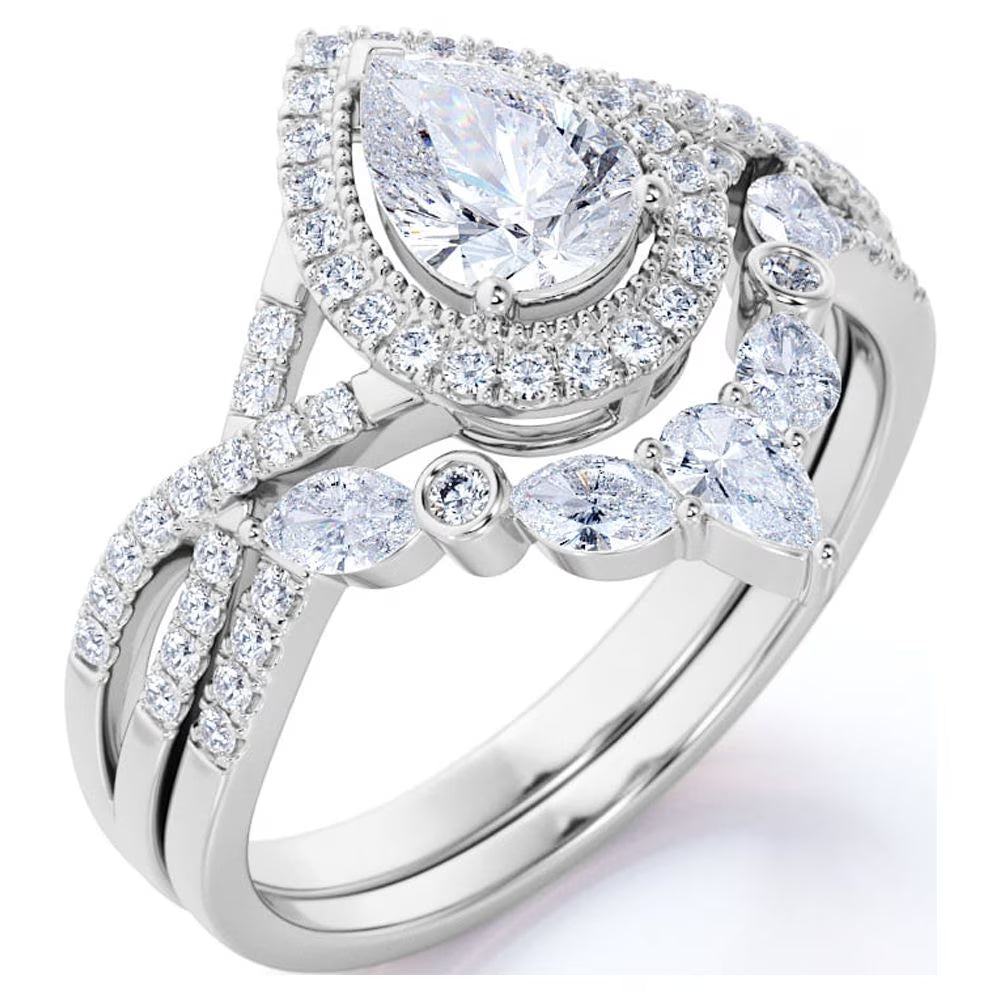 JeenMata 1.75 Carat Pear Cut Moissanite Bohemian Wedding Set - Infinity Engagement Ring with Art Deco Wedding Band in 10k White Gold